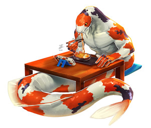 anthro apode barbel_(anatomy) black_body black_scales cellphone cellphone_stand chopsticks eating eating_food electronics flesh_whiskers food furniture legless looking_at_object looking_at_phone male muscular muscular_anthro muscular_male noodles orange_body orange_scales phone ramen ramen_noodles scales serpentine simple_background sitting_at_table solo table white_background white_body white_scales yellow_eyes samus_sunset amur_carp carp cyprinid cypriniform draconcopode fish fish_naga koi marine naga typical_carp hi_res
