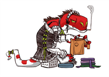 ambiguous_gender brown_clothing brown_shirt brown_topwear cigarette claws clothed clothed_feral clothing feral finger_claws green_eyes laundry_basket maid_uniform red_body red_claws sharp_teeth shirt simple_background sitting smoke solo tail teeth toe_claws topwear uniform white_background white_body centradragon caelum_sky neri_(caelum_sky) dinosaur prehistoric_species reptile scalie 2020 digital_media_(artwork)