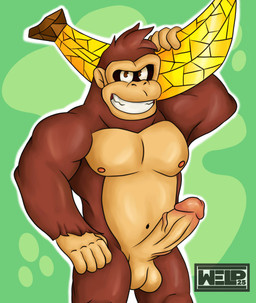 abs anthro balls banana belt biceps breasts brown_body brown_fur erection flexing flexing_bicep food fruit fur genitals hand_on_belt male muscular navel nipples nude nude_male penis plant relic simple_background smile smiling_at_viewer solo tan_body tan_skin vein veiny_penis welp_can donkey_kong_(series) donkey_kong_bananza nintendo donkey_kong_(character) ape gorilla haplorhine mammal monkey primate hi_res portrait three-quarter_portrait