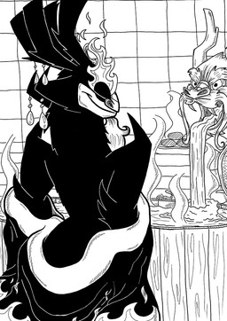 alternate_universe anthro bath clothing facial_hair goatee male not_furry solo undressing flamin-hoots asian_mythology east_asian_mythology mythology samurai_jack aku protector_aku demon dragon eastern_dragon mythological_creature mythological_scalie scalie monochrome