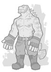 5_fingers anthro belt big_arms boots camo_pattern chain clothing fingerless_gloves fingers footwear gloves handwear long_pants looking_at_viewer male muscular navel nipples shoes solo standing three-quarter_view snarkysardine fish marine reef_stonefish stonefish 2019 full-length_portrait hi_res monochrome portrait