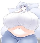 belly big_breasts breasts female grey_hair hair huge_breasts huge_thighs hyper hyper_breasts hyper_thighs looking_at_viewer midriff multi_tail navel overweight overweight_female overweight_humanoid purple_eyes simple_background smile solo tail thick_thighs wide_hips futon_(artist) hakusen animal_humanoid canid canid_humanoid canine canine_humanoid fox_humanoid humanoid mammal mammal_humanoid hi_res