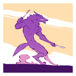 abstract_background action_pose anthro biped blue_eyes border chest_tuft digitigrade dust frown furrowed_eyebrows hair holding_knife holding_object knife looking_aside male nude nude_anthro nude_male pose purple_hair scowl side_view snout solo standing tail teeth_showing tuft white_border kingarthur_i canid mammal 2023 digital_drawing_(artwork) digital_media_(artwork) full-length_portrait hi_res portrait restricted_palette