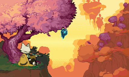 ambiguous_gender anthro black_clothing clothed clothing duo feral flying footwear grass holding_object holding_smoking_pipe larger_anthro multicolored_clothing plant size_difference smaller_ambiguous smaller_feral smoking smoking_pipe tree yellow_clothing fariisart nine_sols red_candle_games yi_(nine_sols) felid feline mammal solarian animated loop