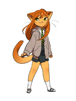 adolescent anthro black_bottomwear black_clothing black_footwear black_sandals black_skirt bottomwear clothing female footwear fur green_eyes grey_clothing grey_hoodie grey_topwear hair hoodie kemono looking_offscreen miniskirt necktie orange_body orange_ears orange_fur orange_hair pattern_necktie pawpads pink_pawpads pleated_skirt sandals school_uniform shoes skirt smile smug_face socks socks_with_sandals solo standing striped_necktie topwear uniform whiskers white_clothing white_footwear white_socks young gyo_bok domestic_cat felid feline felis mammal hi_res