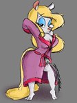 anthro bathrobe black_eyes blonde_hair breasts cleavage clothed clothing eyelashes female fur grey_background hair long_hair looking_at_viewer robe robe_only simple_background solo white_body white_fur danthetoonman animaniacs warner_brothers minerva_mink mammal mink mustelid musteline true_musteline 2025 digital_media_(artwork) hi_res sketch
