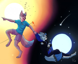 bottomwear cloth clothing comet day duo grumpy happy male moon night shorts sun sweater topwear prometheuzone canid canine canis mammal wolf