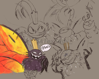 2_antennae 3_fingers 4_arms 4_wings ambiguous_feral ambiguous_gender anthro blush blush_stickers crown dialogue evil_grin eyespots feral fingers grey_body grin head_tuft headgear insect_wings laugh lepidopteran_wings markings mouth_closed multi_arm multi_limb multi_wing open_mouth orange_wings ruff smile solo speech_bubble teeth text tongue tongue_out toothy_grin tuft wings young young_ambiguous young_feral alexsugi disney hoppers_(disney) pixar titus_(hoppers) arthropod butterfly insect lepidopteran 2026 digital_drawing_(artwork) digital_media_(artwork) english_text hi_res partially_colored sketch watermark