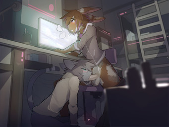 anthro balls blue_eyes blush bottomless breath clothed clothed_sex clothing computer desk detailed_background duo electronics erection eyewear fellatio femboy fur furniture genitals glasses green_eyes grey_body grey_fur grey_hair grey_skin hair half-closed_eyes looking_pleasured male male/male male_penetrated male_penetrating male_penetrating_male narrowed_eyes on_ground oral oral_penetration penetration penile penis sex simple_background table under_table notglacier silvermist_(notglacier) sleepy_(sleepylp) domestic_cat felid feline felis lagomorph leporid mammal rabbit 2017 4:3 absurd_res digital_media_(artwork) hi_res