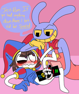 annoyed anthro blush bottomless caine_censorship censor_bar clothed clothing dialogue duo embarrassed female flustered fully_clothed hand_on_crotch male male/female null partially_clothed pushing_away size_difference teasing text chimeracocks glitch_productions the_amazing_digital_circus jax_(tadc) pomni_(tadc) humanoid lagomorph leporid mammal rabbit english_text