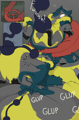 anthro belly big_belly cartoon_logic claws expansion fur green_body green_fur grey_body grey_fur hose hose_inflation inflation liquid_inflation male overweight paws red_eyes solo tail tail_tuft text toony tube_bulge tuft yellow_body yellow_fur littleredguy brom_(sahurus) sergal absurd_res comic english_text hi_res