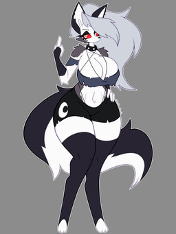 anthro arm_tuft big_breasts bottomwear breasts cleavage clothed clothing collar eyeshadow female footwear gesture grey_background grey_body grey_hair hair hand_gesture huge_breasts legwear makeup middle_finger multicolored_body navel red_sclera shorts shoulder_tuft simple_background solo tail thick_thighs thigh_highs toeless_footwear tuft white_body white_eyes wide_hips delta_doodle hellaverse helluva_boss mythology loona_(helluva_boss) canid canid_demon canine canis demon hellhound mammal mythological_canine mythological_creature wolf 2025 3:4 digital_drawing_(artwork) digital_media_(artwork) hi_res