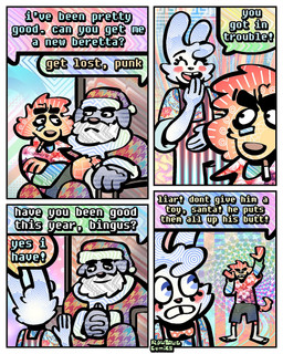 4_panel_comic aloha_shirt anthro beard blush blush_stickers bow_tie cheek_tuft christmas_clothing christmas_headwear cigarette cigarette_in_mouth clothing dialogue eyes_closed facial_hair facial_tuft fur group half-closed_eyes hat headgear headwear holidays humor male mall_santa narrowed_eyes nervous object_in_mouth open_mouth open_smile overalls pattern_clothing pattern_shirt pattern_topwear purple_body purple_fur santa_hat shirt smile smoking_tobacco speech_bubble teeth text tooth_gap topwear trio tuft wide_eyed rawdawgcomics christmas bingus_(rawdawgcomics) stahli_(rawdawgcomics) bird_dog canid canine canis domestic_dog golden_retriever hunting_dog lagomorph leporid mammal rabbit retriever 4:5 comic english_text hi_res