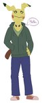 4_fingers anthro biped black_eyebrows black_eyes bottomwear brown_tail clothing denim denim_bottomwear denim_clothing dialogue dipstick_ears ear_markings eyebrows eyelashes fake_tail female fingers footwear front_view green_clothing green_hoodie green_shirt green_topwear greeting hand_in_pocket hand_on_hip hoodie jeans multicolored_ears neck_eye pants pockets pokemorph purple_eyes shirt shoes simple_background sneakers solo standing tail tan_sneakers text text_on_clothing text_on_shirt text_on_topwear topwear white_background wood wood_tail yellow_text thatoneaceguy nintendo pokemon generation_7_pokemon mimikyu pokemon_(species) 2021 aliasing digital_drawing_(artwork) digital_media_(artwork)