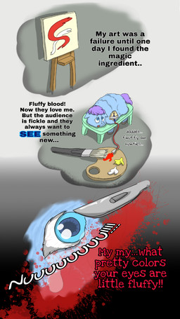 abuse alphabet ambiguous_feral ambiguous_gender animal_abuse baby_talk blood blue_body blue_eyes blue_fur bodily_fluids brush canvas close-up dialogue easel eye_torture feral fur gore hair helpless medical_instrument paintbrush palette purple_hair purple_tail scalpel scientific_instrument solo stuck surgical_instrument tail text tube young young_ambiguous young_feral carpdime fluffy_pony fluffy_pony_(species) mammal 9:16 digital_media_(artwork) english_text hi_res