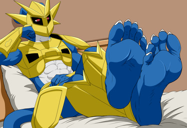 5_toes anthro armor bed blue_body feet foot_fetish foot_focus furniture humanoid_feet looking_at_own_foot male multicolored_body on_bed piercing pillow plantigrade red_eyes solo tail toes two_tone_body white_body icarozilla smellslikejavier bandai_namco digimon hasbro digimon_(species) magnamon digital_media_(artwork) hi_res