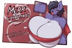 3:2 anthro big_breasts big_butt black_hair breasts butt canid canine canis card christmas female fluffy fluffy_tail fur gin-blade hair hi_res highlights_(coloring) holidays huge_breasts hyper hyper_breasts mammal multicolored_body multicolored_fur purple_body purple_fur regina_(ragnacock) ribbons tail text white_body white_fur wolf