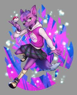 5_fingers anthro biped bottomwear claws clothed clothing eyebrows eyewear female fingers fur glasses hoodie pokeball pokeball_clothing purple_body purple_fur skirt solo standard_pokeball tail topwear haychel nintendo pokemon maff canid canine canis mammal wolf 2023 absurd_res hi_res