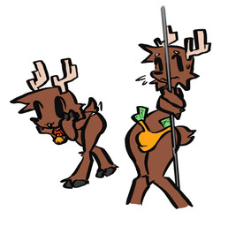 anthro antlers bell big_bulge black_body bodily_fluids bottomwear brown_body brown_fur brown_tail bulge clothing collar fur hooves horn male money neckwear nervous pole shy solo stripper_pole sweat tail underwear yellow_clothing dogguyd deer mammal 2023