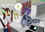 anthro breasts clothed clothing clothing_lift duo female flashing hair male non-mammal_breasts purple_hair robbery shirt shirt_lift smile topwear krishadraws jesse_tracer bat fish mammal marine shark hi_res