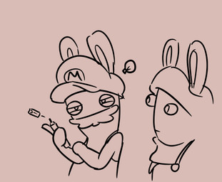 anthro arms_bent brown_background brown_body brown_clothing brown_eyes brown_facial_hair brown_hat brown_headwear brown_mustache brown_overalls button_(fastener) clothed clothed_anthro clothed_male clothing duo facial_hair fully_clothed fully_clothed_anthro fully_clothed_male hat headgear headwear holding_marker holding_object idea_bulb light_bulb long_ears looking_at_another male male_anthro marker mitten_hands mouth_closed mustache narrowed_eyes no_eyebrows no_pupils noseless overalls shirtless_anthro shirtless_male simple_background squint insert-thenewbl-here mario_bros mario_plus_rabbids_kingdom_battle nintendo raving_rabbids rayman_(series) ubisoft rabbid_luigi rabbid_mario lagomorph mammal rabbid 2024 crossover digital_drawing_(artwork) digital_media_(artwork) english_description sketch