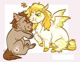 ambiguous_feral ambiguous_gender blonde_hair blue_eyes blush brown_hair brown_tail closed_smile cutie_mark duo eye_patch_(marking) eyelashes eyes_closed facial_markings feral frown fur grey_body grey_fur hair head_markings hooves markings mouth_closed patch_(marking) quadruped sitting smile striped_markings stripes tail white_body white_fur wings yellow_hooves yellow_tail yellow_wings young young_ambiguous young_feral red_(fb) fluffy_pony hasbro my_little_pony mythology equid equine fluffy_pony_(species) mammal mythological_creature mythological_equine pegasus
