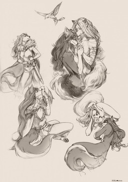 anthro arm_support bandage bottomwear breasts claws cloak clothing crossed_legs digitigrade dipstick_ears duo ear_markings female female/female feral fur hair hand_holding holding_melee_weapon holding_object holding_sword holding_weapon jewelry kissing long_hair looking_at_another looking_up lying melee_weapon multicolored_body multicolored_ears multicolored_fur multiple_poses necklace note nude on_side pants pawpads pose shirt side_boob simple_background sitting sleeping smile standing sword toe_claws toeless_legwear topwear two_tone_body two_tone_fur weapon hi-ku avian bird canid canine canis mammal wolf digital_drawing_(artwork) digital_media_(artwork) greyscale hi_res monochrome