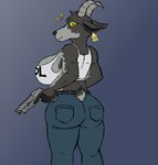 anthro belt big_breasts big_butt bottomwear breasts butt clothing crop_top denim denim_bottomwear denim_clothing ear_piercing ear_tag emanata female fingers fur grey_body grey_fur gun handgun holding_gun holding_object holding_ranged_weapon holding_weapon hooved_fingers hooves horizontal_pupils horn jeans looking_at_viewer looking_back muscular muscular_anthro muscular_female pants piercing pistol pupils ranged_weapon scut_tail shirt short_tail side_boob solo tail text text_on_clothing text_on_topwear topwear weapon yellow_eyes stinkgoat coffee_stain_studios epic_games fortnite goat_simulator pilgor_(goat_simulator) bovid caprine goat mammal 2024 hi_res