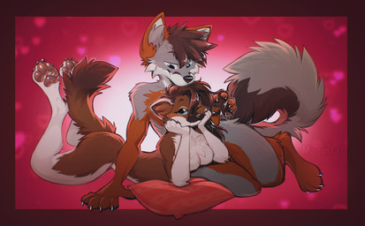 anthro biped breasts butt claws duo feet female fingers front_view hair nude nude_anthro nude_female simple_background smile tail toes magenta7 canid canine fox mammal mustelid musteline stoat true_musteline weasel 2026 digital_drawing_(artwork) digital_media_(artwork) hi_res