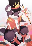 anthro baton bottomwear button_(fastener) clothing hat headgear headwear kemono male marching_band marching_band_uniform pawpads shorts young young_anthro mrshu canid canine canis mammal wolf absurd_res hi_res