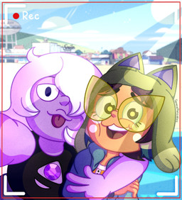 blue_clothing blue_hoodie blue_topwear bra_strap brown_hair cat_hat clothing disguise duo eyewear female feral freckled_face freckles glasses hair hair_over_eye hoodie purple_body purple_skin tan_body tan_skin tongue tongue_out topwear voice_actor_joke white_hair yellow_eyewear yellow_glasses spacepancakes cartoon_network disney steven_universe the_owl_house amethyst_(steven_universe) vee_(the_owl_house) amethyst_(gem_species) basilisk_(the_owl_house) gem_(species) human humanoid mammal quartz_(gem_species) 2021 absurd_res crossover hi_res
