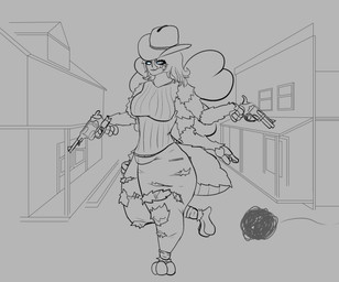 4_arms anthro arthropod_abdomen barefoot big_breasts bottomwear breasts clothed clothing cowboy cowboy_hat curvy_figure dual_wielding feet female front_view fully_clothed fuzzy gun handgun hat headgear headwear holding_gun holding_handgun holding_object holding_ranged_weapon holding_revolver holding_weapon looking_at_viewer medium_breasts multi_arm multi_limb on_one_leg one_calf_up outside pants raised_calf ranged_weapon revolver solo standing tail thick_thighs torn_bottomwear torn_clothing torn_pants tumbleweed weapon wide_hips wild_west ariame animal_humanoid arthropod arthropod_humanoid humanoid insect insect_humanoid lepidopteran moth tailed_humanoid absurd_res digital_media_(artwork) hi_res sketch