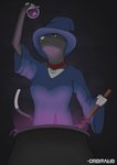 anthro black_body black_fur cauldron clothing collar female fur green_eyes hat headgear headwear magic_user potion red_eyes simple_background solo white_body white_fur white_nose witch witch_hat orbitalis domestic_cat felid feline felis mammal absurd_res hi_res