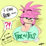 anthro big_breasts breasts cleavage clothed clothing dialogue female green_eyes hair huge_breasts looking_at_viewer narrowed_eyes open_mouth pink_hair shirt solo text text_on_clothing text_on_shirt text_on_topwear topwear ota_(artist) netflix sega sonic_prime sonic_the_hedgehog_(series) amy_rose thorn_rose eulipotyphlan hedgehog mammal 1:1 english_text hi_res