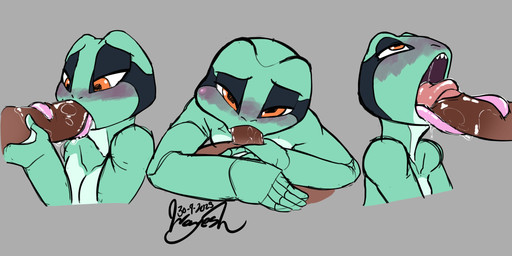 anthro athletic athletic_anthro athletic_male bedroom_eyes blush cheek_bulge disembodied_penis duo fellatio genitals glans green_body humanoid_genitalia humanoid_penis long_tongue lying male male/male membrane_(anatomy) narrowed_eyes natural_eyeshadow on_front open_mouth oral orange_eyes penile penis pupils seductive sex sharp_teeth solo_focus square_pupils teeth tongue tongue_out tonguejob webbed_hands white_body wayesh hinato_(wayesh) amphibian frog hi_res signature andromorph_(lore)