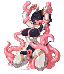anthro bodysuit breasts clothing gynomorph intersex latex nipples open_mouth skinsuit slime solo tentacles tight_clothing torn_clothing dide6an canid canine canis jackal mammal hi_res
