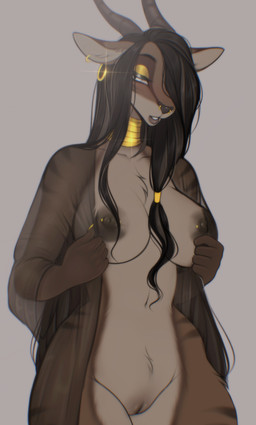 5_fingers anthro areola big_breasts biped black_hair bottomless bottomless_anthro bottomless_female breasts brown_body brown_fur chest_tuft choker clothed clothed_anthro clothed_female clothing countershade_torso countershading ear_piercing ear_ring eyeshadow facial_piercing female fingers front_view fur genitals gold_(metal) gold_jewelry hair horn inner_ear_fluff jewelry looking_aside makeup navel necklace nipple_piercing nipples nose_piercing open_mouth partially_clothed partially_clothed_anthro partially_clothed_female piercing ring_piercing simple_background smile solo standing striped_body striped_fur stripes teeth topwear topwear_only translucent translucent_clothing translucent_topwear tuft vulva white_eyes yellow_eyeshadow veliren_rey zefirina_(veliren_rey) antelope bovid gazelle mammal 2025 absurd_res digital_drawing_(artwork) digital_media_(artwork) hi_res