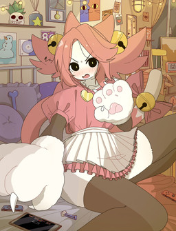 accessory angry anthro bell bell_accessory bell_bow bell_on_tail blush blush_lines bottomwear bow_(feature) bow_ribbon clothing decorated_bow detailed_background female flat_chested frowning_at_viewer furgonomics gloves hair handwear inside legwear looking_at_viewer paw_gloves pawpads pink_clothing pink_hair pink_topwear ribbons skirt solo stockings tail tail_accessory tail_bell tail_bow tail_ribbon thigh_highs topwear two_tone_tail doremifaso64 nintendo nintendo_switch toby_fox_(copyright) undertale undertale_(series) mad_mew_mew domestic_cat felid feline felis mammal 2025 cel_shading colored hi_res shaded