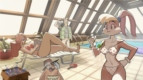 accessory anthro baby_oil ball barefoot beach_ball bikini blonde_hair blue_eyes bodily_fluids box breasts brown_body brown_fur camera cardboard cardboard_box chair clothing container day drooling ears_down eyelashes eyeshadow eyewear fedora feet female floor fur furniture glasses gloves group hair hair_accessory hairband handwear happy hat headgear headwear inflatable inside light lipstick looking_down lounge_chair lounger lying makeup male multicolored_body notebook orange_body orange_fur pivoted_ears plant plant_pot polka_dot_bikini ponytail_ears pool_float poolside professional_video_camera rabbit_ears red_bikini red_clothing red_hair red_lipstick red_swimwear saliva shirt smile sun_lounger sunlight swimming_pool swimwear t-shirt table_tennis_ball table_tennis_paddle tile tile_floor topwear two-piece_swimsuit two_tone_body utility_vest video_camera water wearing_glasses white_clothing white_gloves white_handwear window philtomato comedy_central disney drawn_together looney_tunes megamind_(series) that_pool warner_brothers who_framed_roger_rabbit hal_stewart jessica_rabbit ling-ling lola_bunny avian battle_monster bird chicken galliform gallus_(genus) human lagomorph mammal phasianid 16:9 2025 hi_res meme widescreen