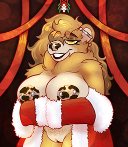 anthro areola barbell_piercing big_breasts breasts clothing ear_piercing eyelashes female genitals glistening_eyelids hair long_eyelashes long_hair markings mistletoe mottled mottled_areola mottled_nose nipple_dip nipple_piercing nipples piercing plant pubes robe robe_only santa_coat spots spotted_markings spotted_nipples spotted_nose tuft vulva crownedvictory aleks_(stewiesleeps) 2025 absurd_res hi_res tagme