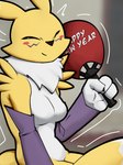 anthro breasts countershade_torso countershading eyes_closed female fur holidays looking_at_viewer sitting smile solo white_body yellow_body yellow_fur rizal_ok bandai_namco digimon new_year canid canine digimon_(species) fox mammal renamon absurd_res dated hi_res