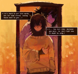 ambiguous_gender ambiguous_human anthro biped brown_hair clothing clothing_grab dialogue duo eyebrows eyes_closed female green_clothing green_sweater green_topwear grin hair hair_over_eye hand_on_shoulder human_focus long_sleeves mirror purple_body purple_scales red_eyes scales smile snout standing sweater teeth text text_box topwear yellow_teeth mothidss deltarune undertale_(series) kris_dreemurr susie_(deltarune) dinosaur human mammal prehistoric_species reptile scalie 2025 english_text hi_res nonbinary_(lore)