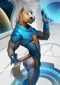 5_fingers anthro armor biped bodysuit braided_hair butt butt_pose clothed clothed_anthro clothed_male clothing eyebrows fingers fully_clothed fully_clothed_anthro fully_clothed_male glistening glistening_clothing hair hologram humanoid_hands male male_anthro pose science_fiction skinsuit smile solo spacecraft standing tail technology tight_clothing vehicle monds equid equine horse mammal portrait three-quarter_portrait