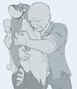 anthro bald bodily_fluids clothed clothing collar crying duo faceless_character faceless_human feathered_wings feathers female hair hug jewelry long_hair male markings small_tail spiked_collar spikes tail tears wings 8762e13 cavemanon_studios goodbye_volcano_high ko_op_(game_developer) snoot_game anon_(snoot_game) fang_(gvh) human mammal prehistoric_species pterosaur reptile scalie hi_res