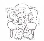 anthro biped chair claws clothing erection footwear frenum_piercing fur fur_markings furniture genital_piercing genitals gloves handwear looking_at_viewer male markings penis penis_piercing piercing sandals shoes simple_background sitting solo tapering_penis text white_background buke3jp sega sonic_the_hedgehog_(series) knuckles_the_echidna echidna mammal monotreme monochrome sketch