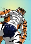 1998 2002 abs anthro barazoku bennie biceps biped black_body black_fur blue_eyes brown_hair bulge clenched_teeth clothed clothing copyright_symbol detailed_bulge felid fur genital_outline hair kencougr looking_at_viewer looking_down looking_down_at_viewer low-angle_view macro male mammal multicolored_body multicolored_fur muscular muscular_anthro muscular_male open_mouth orange_body orange_fur pantherine pecs penis_outline pink_nose sharp_teeth simple_background skimpy solo speedo standing striped_body striped_fur stripes swimwear symbol tail teal_background teeth text tiger topless underwear url white_body white_fur worm's-eye_view