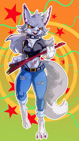 abstract_background anthro bottomwear breasts claws cleavage clothed clothing collar colored_nails denim denim_bottomwear denim_clothing dipstick_tail electric_guitar fangs female guitar hair jeans long_hair looking_at_viewer markings midriff multicolored_tail musical_instrument nails open_mouth pants paws playing_guitar playing_music plucked_string_instrument red_eyes scar solo spiked_collar spikes string_instrument tail tail_markings teeth thong thong_straps torn_clothing underwear yellow_sclera actionbastardvirginblstr canid canine canis mammal wolf 9:16 hi_res