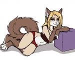 anthro barefoot bedroom_eyes biped blonde_hair blue_eyes bottomwear breasts brown_body brown_clothing brown_fur brown_tail brown_topwear clothed clothing countershading crop_top ear_piercing feet female fully_clothed fur hair half-closed_eyes jewelry leaning looking_aside looking_away lying midriff multicolored_body multicolored_fur narrowed_eyes navel necklace on_side panties piercing pink_nose pose purple_eyes red_bottomwear red_clothing red_topwear seductive shadow shirt simple_background smile solo tail tan_body tan_fur topwear underwear white_background white_body tigerinspace san_(tigerinspace) domestic_cat felid feline felis mammal 2017 digital_media_(artwork) flat_colors hi_res pinup