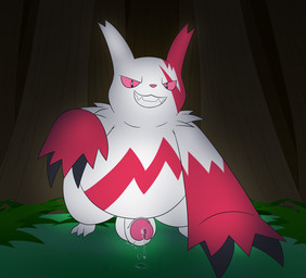 all_fours balls big_claws bodily_fluids claws dripping erection fangs feral foreskin forest fur genital_fluids genitals grin humanoid_genitalia humanoid_penis looking_at_viewer low-angle_view male overweight overweight_male penis pink_nose plant precum precum_drip precum_on_ground precum_trail red_body red_fur red_sclera slightly_chubby smile solo teeth tree white_body white_fur kamek_sans nintendo pokemon generation_3_pokemon pokemon_(species) zangoose hi_res