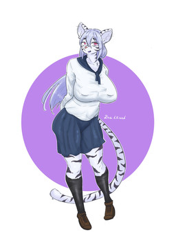 anthro big_breasts bottomwear breasts clothing female fluffy fluffy_tail huge_breasts leg_markings legwear markings nipple_outline skirt socks_(marking) solo stockings stripes student tail uniform zincx felid mammal pantherine tiger hi_res